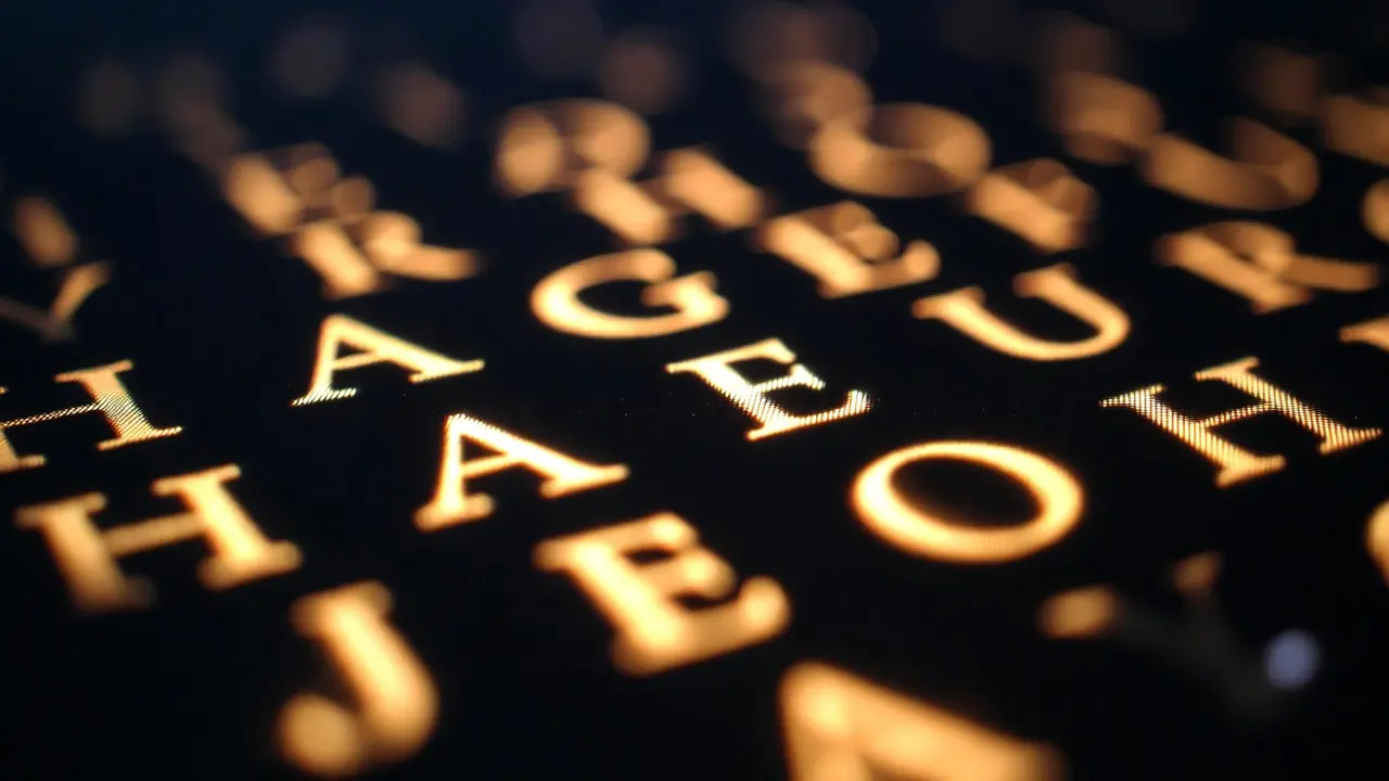 Close-up of glowing amber serif letters on a dark screen, sharp in the middle and blurred toward the edges