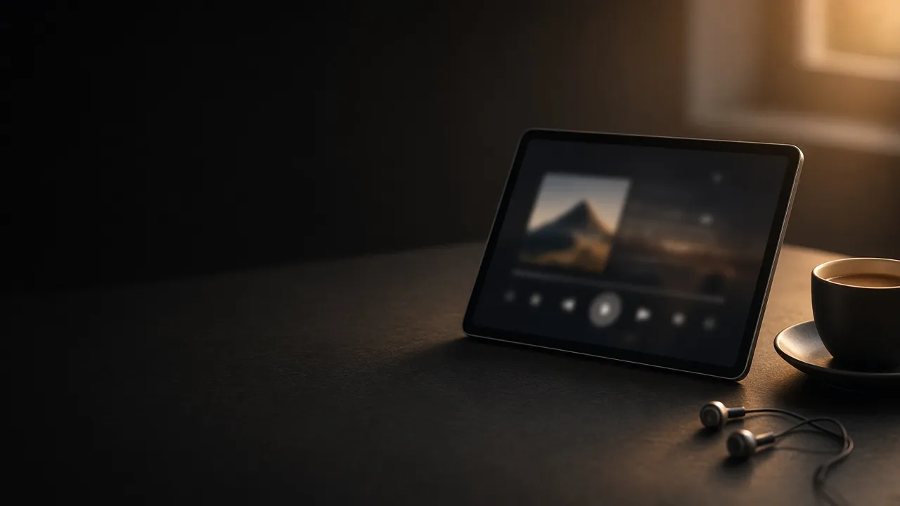 A tablet on a dark table playing a podcast episode, with earbuds and a cup of coffee in warm morning window light