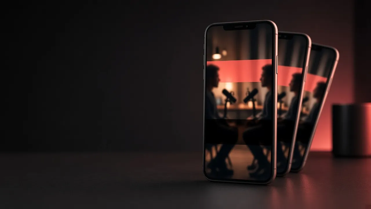 Three phones standing on a dark desk in coral light, each playing a vertical clip of two podcast hosts talking into microphones