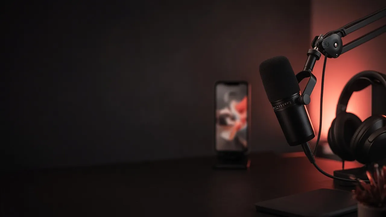 Podcast microphone on a boom arm beside studio headphones and a phone on a dark desk, lit from behind in coral
