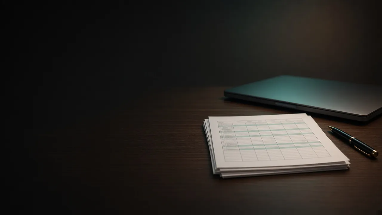 A short stack of printed spreadsheet pages and a fountain pen on a dark wood desk, beside a closed laptop
