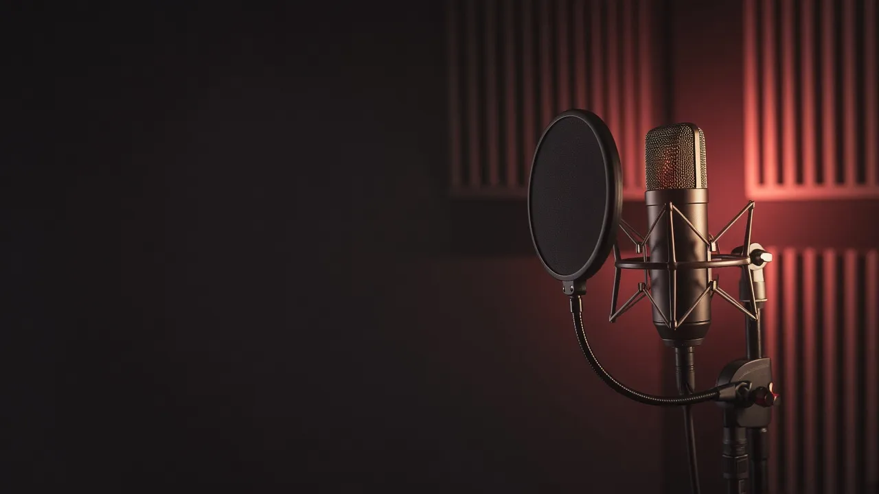 Condenser studio microphone with a pop filter, lit coral against acoustic foam panels in a dark recording booth