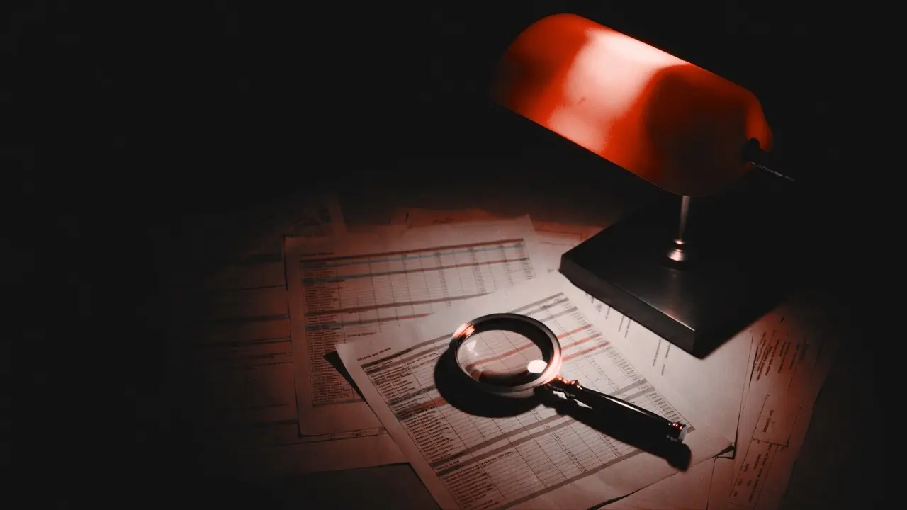 Overhead night shot of an investigator's desk: research printouts with highlighted rows and a magnifying glass under coral lamplight