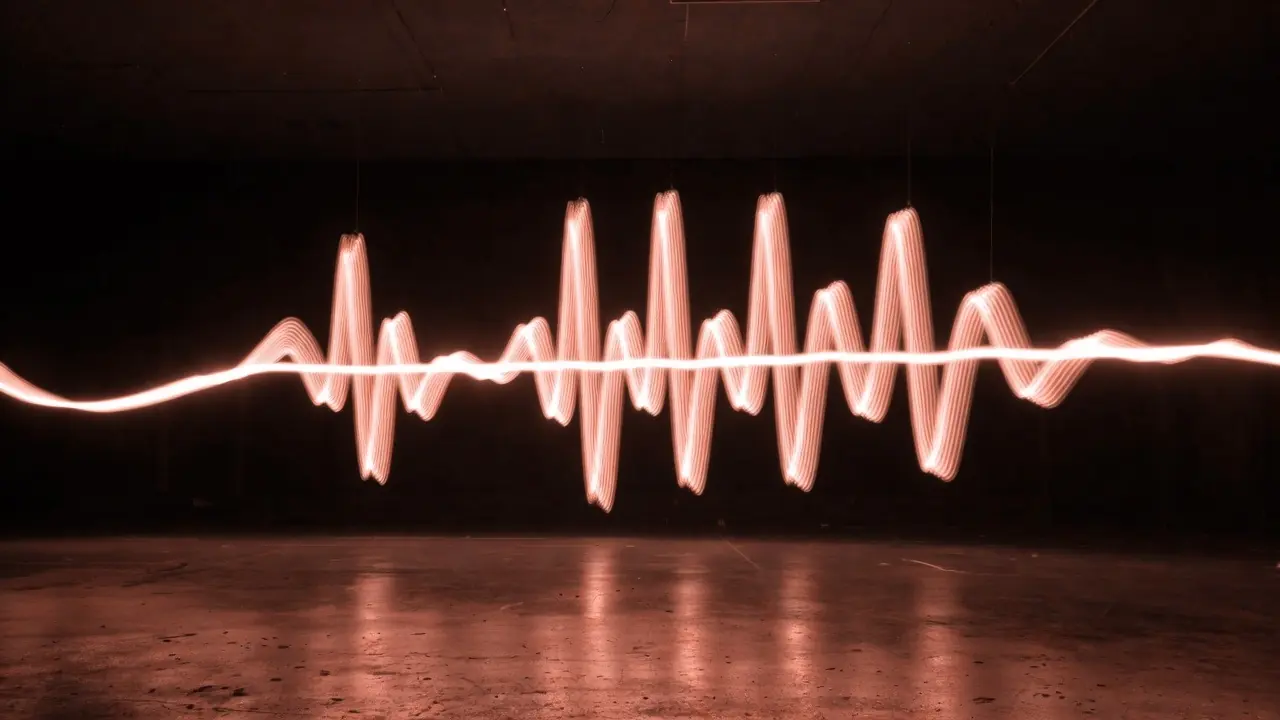 Three-dimensional audio waveform sculpted from glowing coral neon tubes suspended in a pitch-black studio void